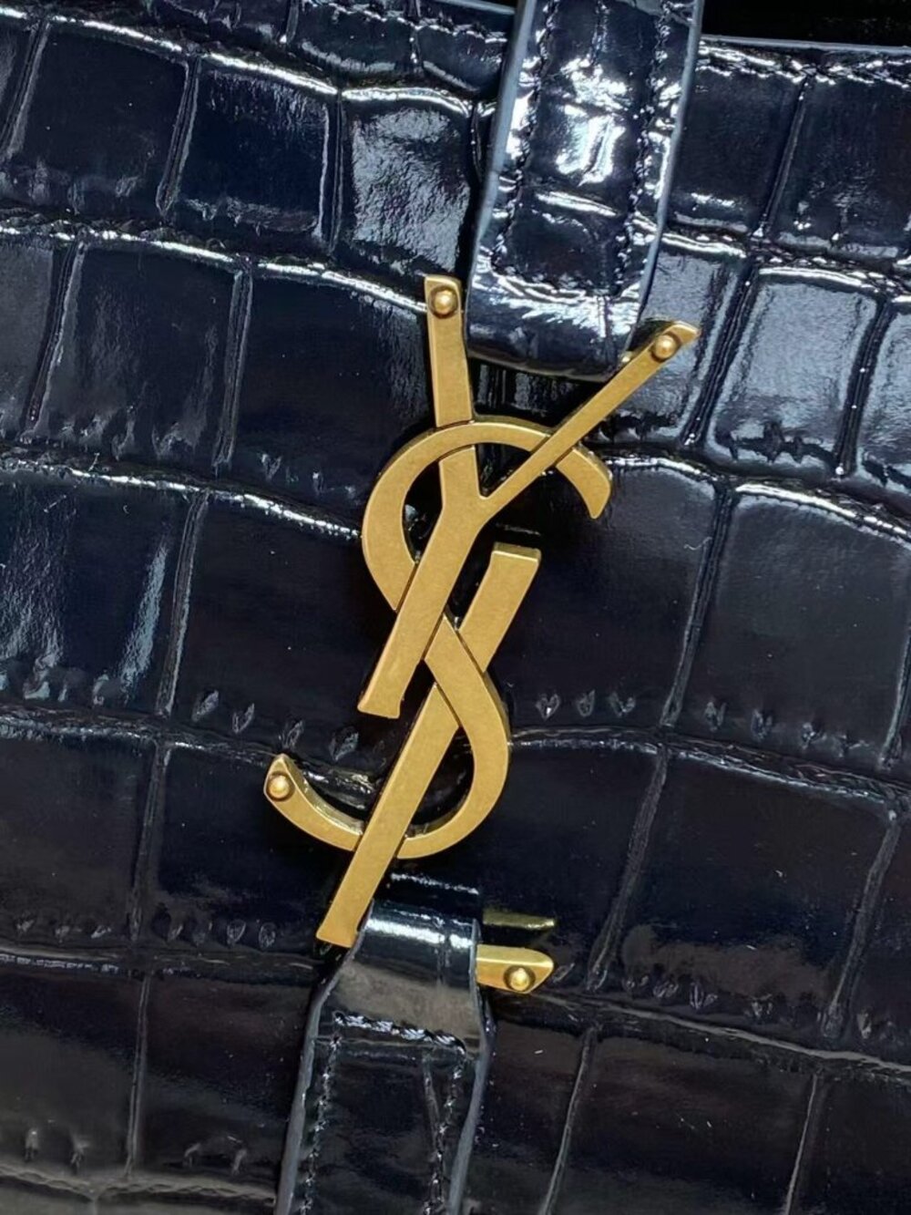 YSL Croc Embossed Leather Shoulder Bag | Black & Gold Classic Hobo Bag - Picture 7 of 8